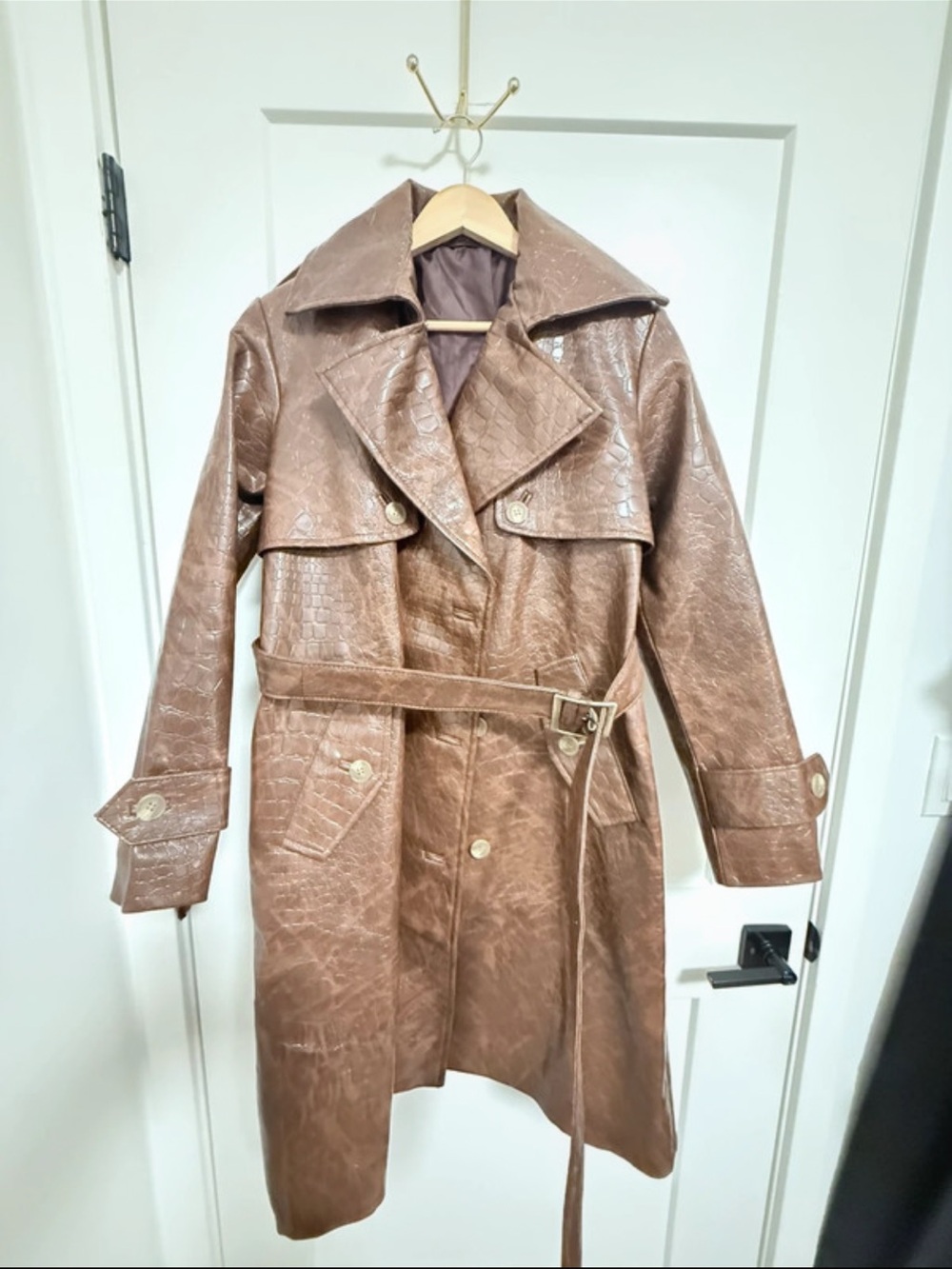 Brown Faux-Leather Trench Coat with Belt